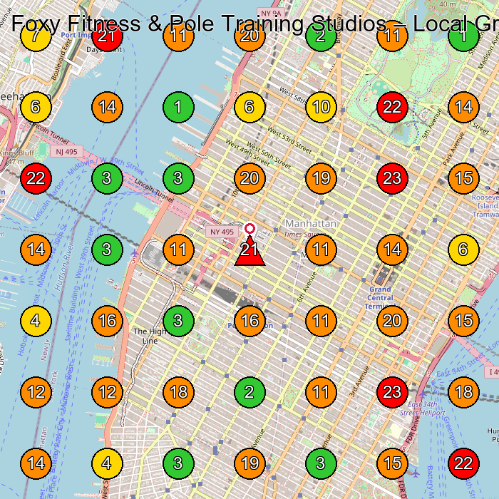 Foxy Fitness & Pole Training Studios Dance School GeoGrid ranking map for New York NY